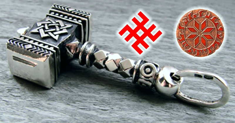 Симолы славянского бога Сварога - молот, конегонь, крест и звезда