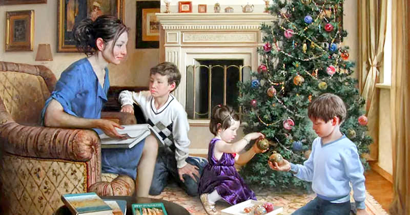 Новогодний семейный досуг, картина Юхансена