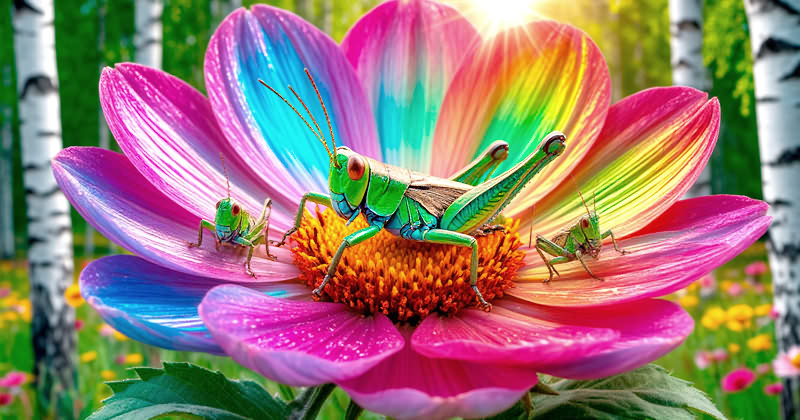 Кузнечик с семьей на цветке